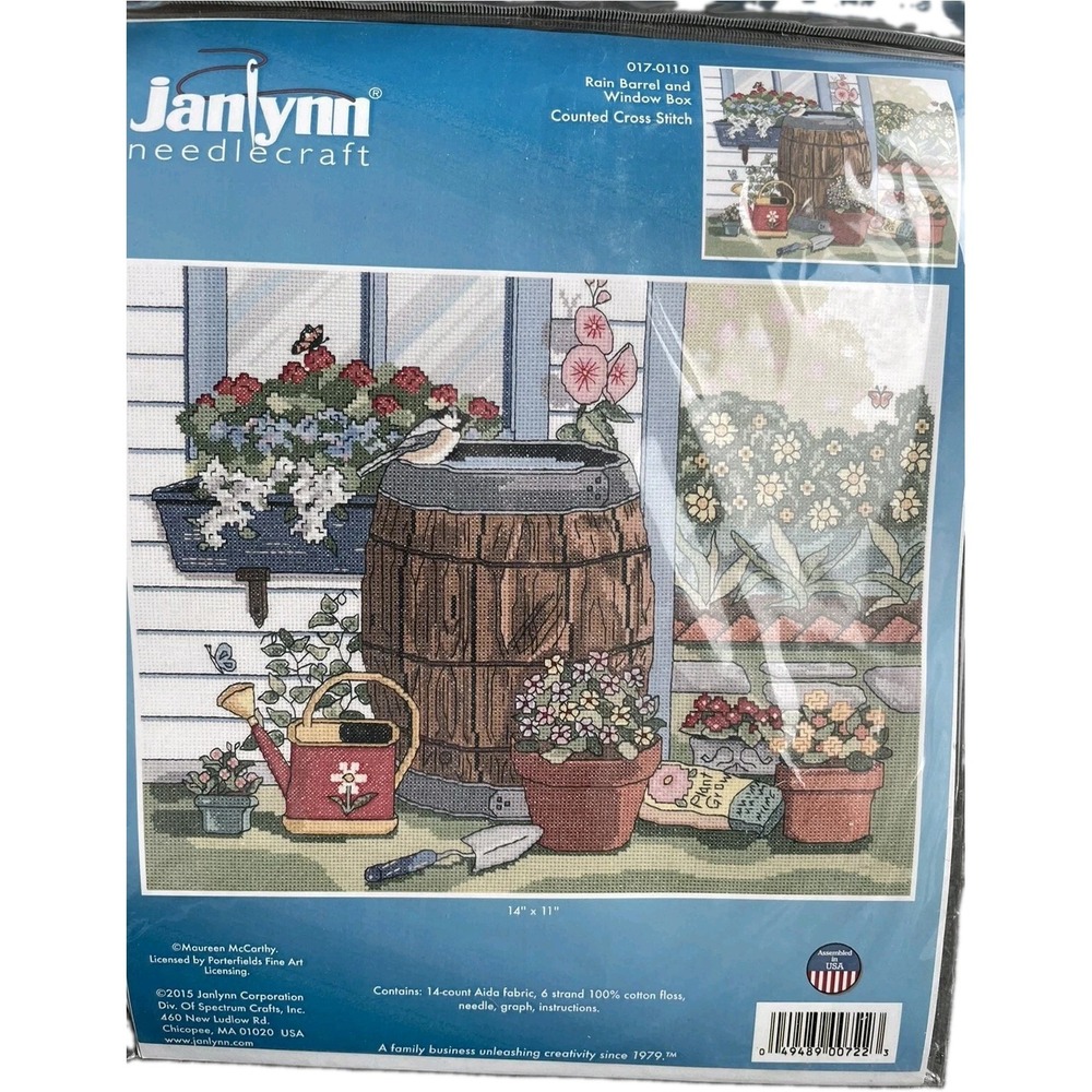 Janlynn Rain Barrel and Window Box Garden Counted Cross Stitch Kit 14x11" NEW